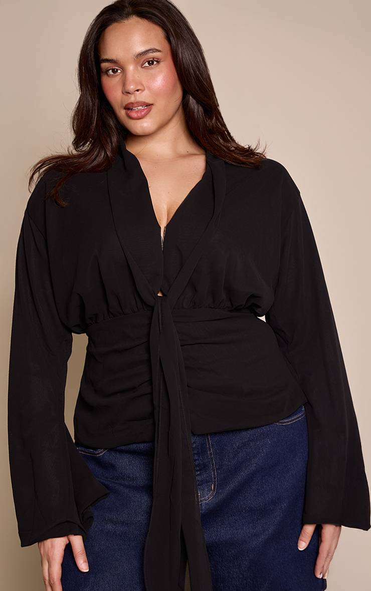 Noir Blouse En Mousseline À Détail Drapé Cintré Grande Taille