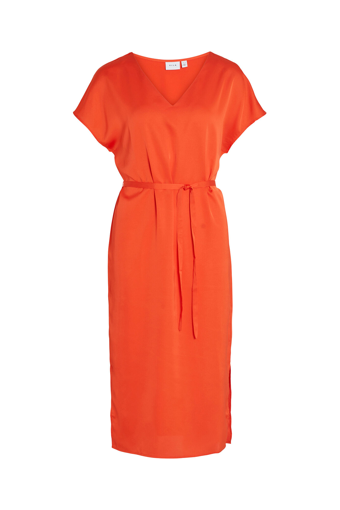 Vestido midi de cetim com mangas curtas