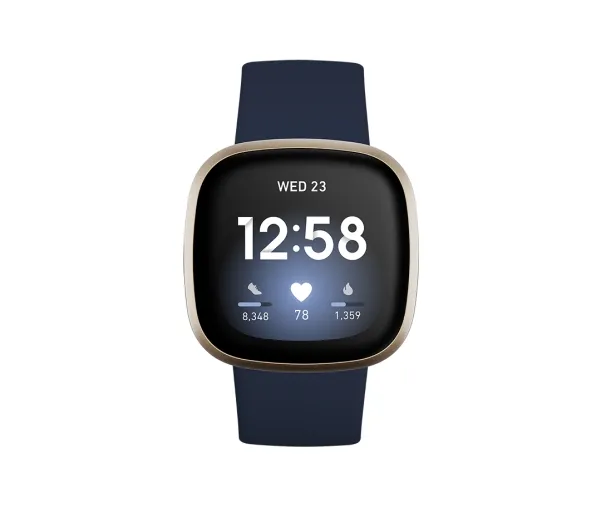[OUTLET] - Fitbit Versa 3 - Blødt guld-aluminium - smart ur med bånd - silikone - midnat - båndstørrelse: S/L - Wi-Fi, NFC, Bluetooth