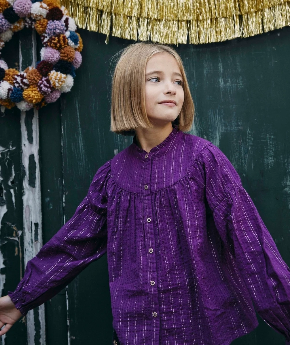 BLOUSE VIOLETTE AVEC LISERÉS COULEUR ARGENTÉE FILLE
