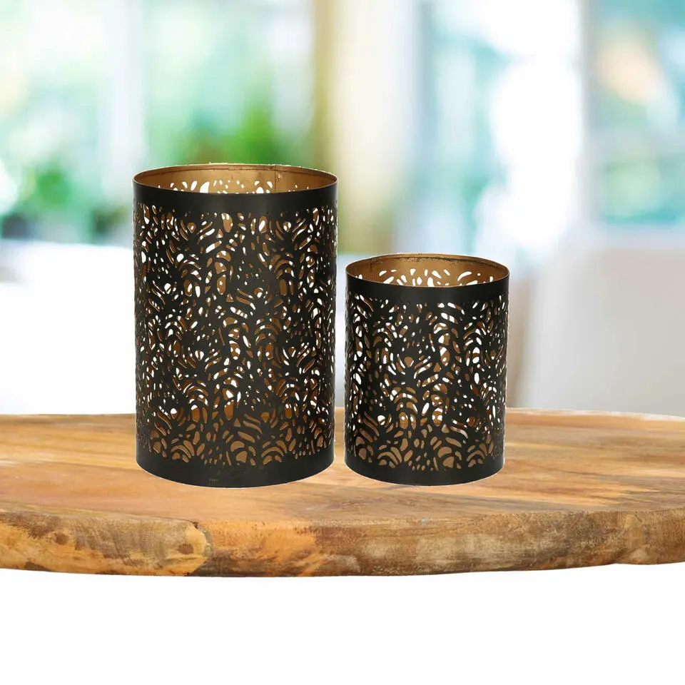 Windlichten set - 2x - zwart/goud - 10/15 cm - theelichthouder