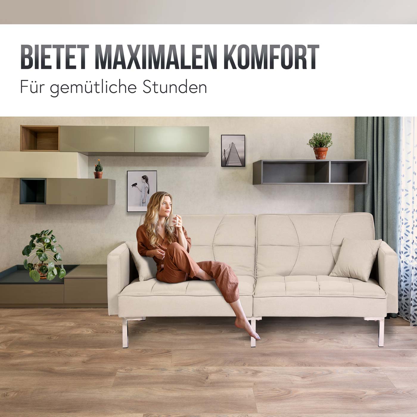 Schlafsofa MCW-K65, Schlafcouch Bettsofa Gästebett, Schlaffunktion Liegefläche 170x104 cm ~ Stoff/Textil creme-beige