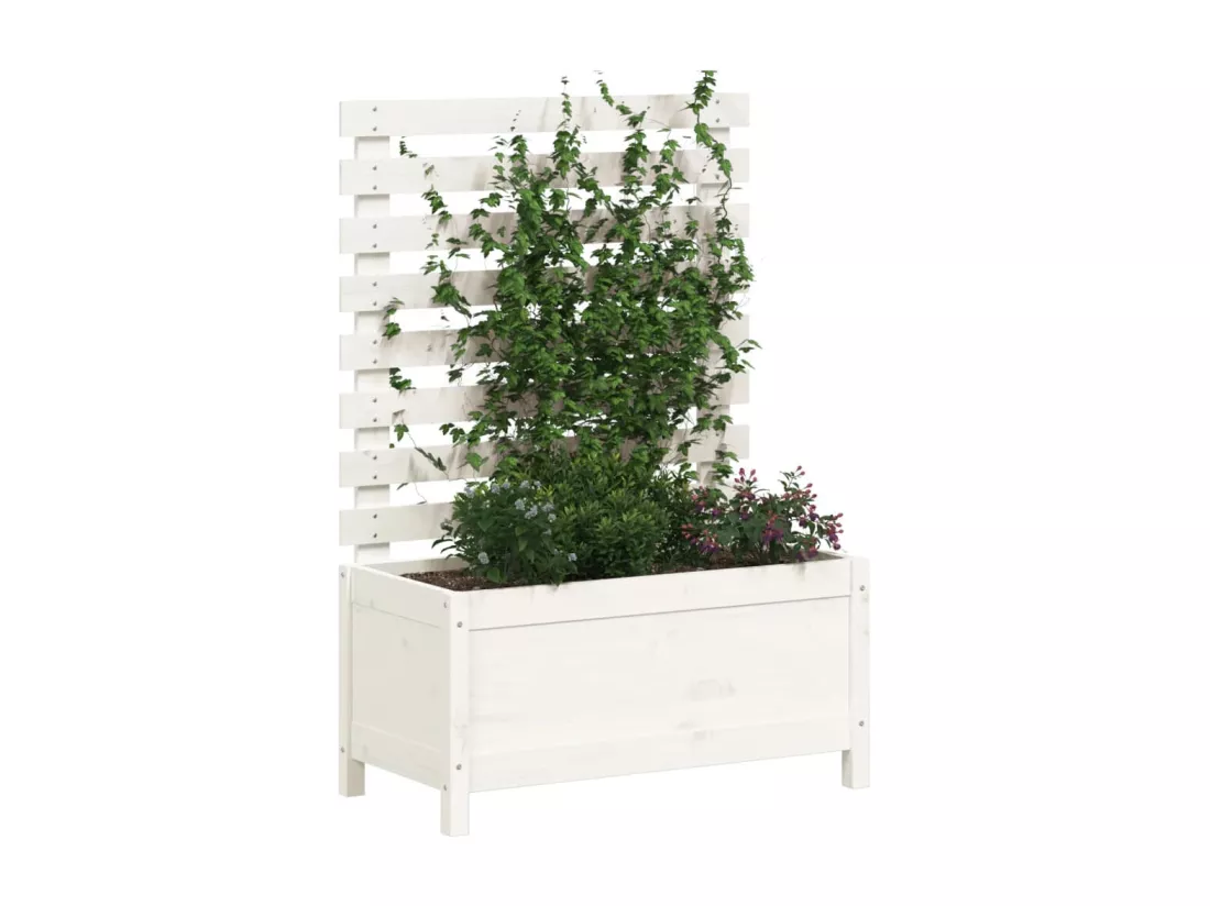 Jardinière avec support blanc 79x39,5x114 bois de pin massif