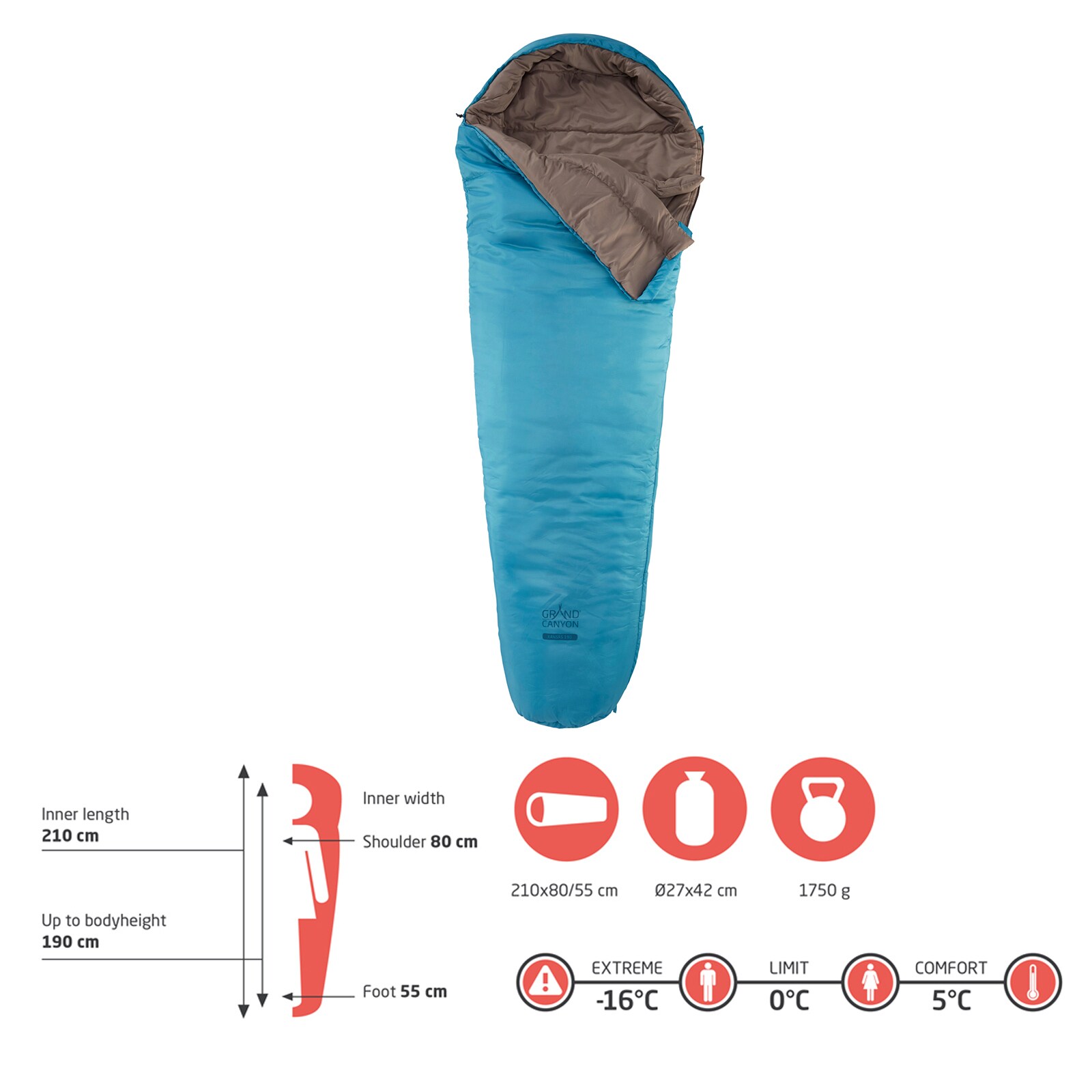 Winter Mumien Schlafsack 3 Jahreszeiten Lang Grand Canyon Kansas 190 XL -16°C Farbe: Caneel Bay