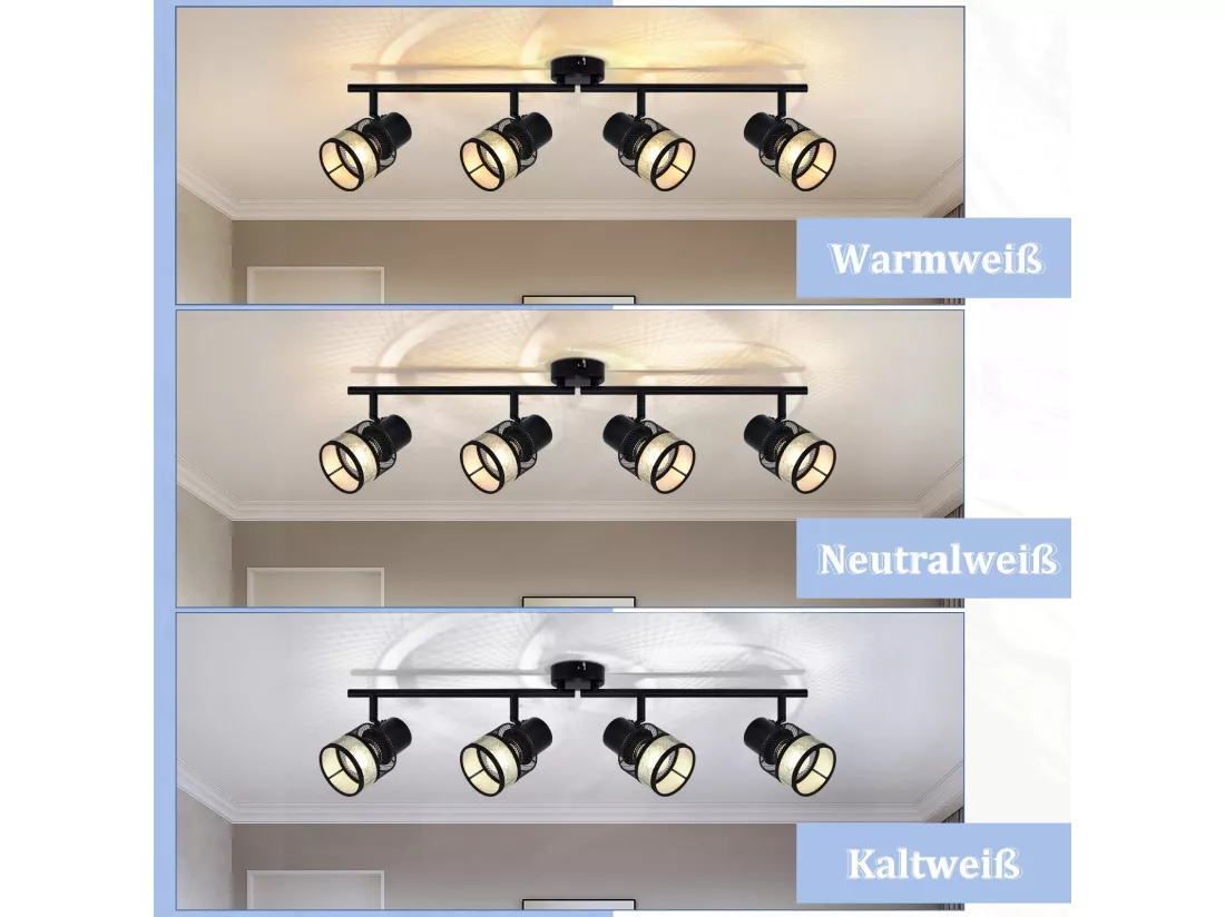NETTLIFE Plafonnier 4 Spots Métal E27 Max. 25W Vintage Noir 330° Abat-Jour en Tissu Doré pour Salon Cuisine Escaliers Salle à Manger