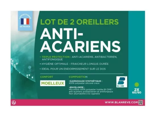 BLANREVE Lot de 2 Oreillers Triple Protection - 60 x 60 cm - Blanc
