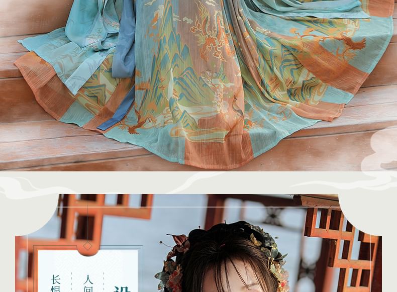 Francoix - Set: Maxi-jurk met geborduurde bloemen van Hanfu + lange lichte jas + sjaal + hangende decoratie in de vorm van een vis