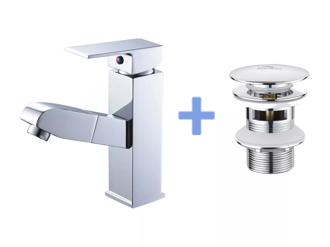 Robinet Lavabo avec Douchette Extractible,en Laiton,Chromé Eau Froide et Chaude+Bonde de Lavabo Bonde Pop-up avec Trop-plein Automatique Universelle