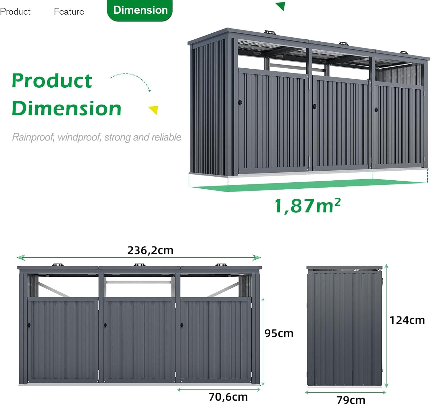 YODOLLA Mülltonnenbox 3er, Mülltonnenverkleidung 3 Tonnen bis 240L, Abschließbar Gartenschrank Wetterfest Geräteschuppen für den Außenbereich, 236x79x124cm, Dunkelgrau