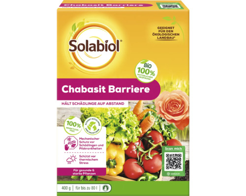 Plantversterkende werking Solabiol Chabasit Barrier 400 g houdt ongedierte op afstand, biedt mechanische bescherming tegen ongedierte en schimmelziekten en beschermt tegen thermische stress.