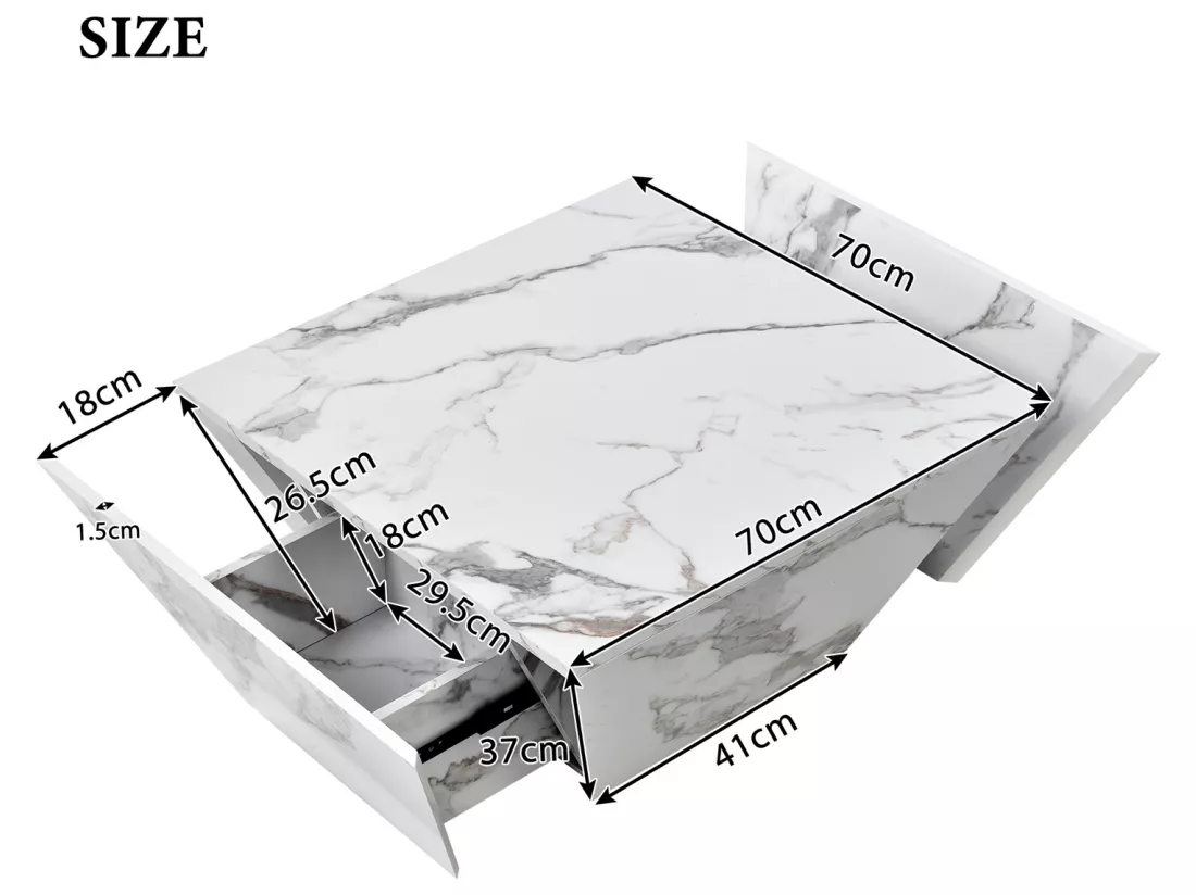 Table basse moderne - avec 2 tiroirs - placage à motif marbre - Blanc