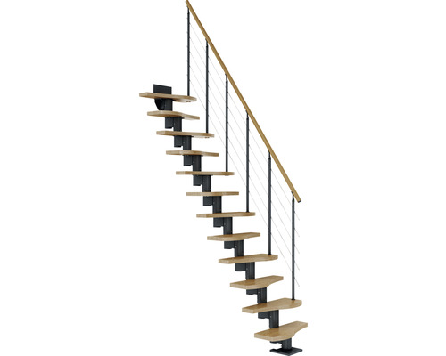 Pertura Vaia ruimtebesparende trap, middenboom, antraciet, variabel, kwartslag, links/rechts onder, recht, 64 cm, balustrade, eiken gelamineerd hout, gelakt, 11 treden / 12 stootborden