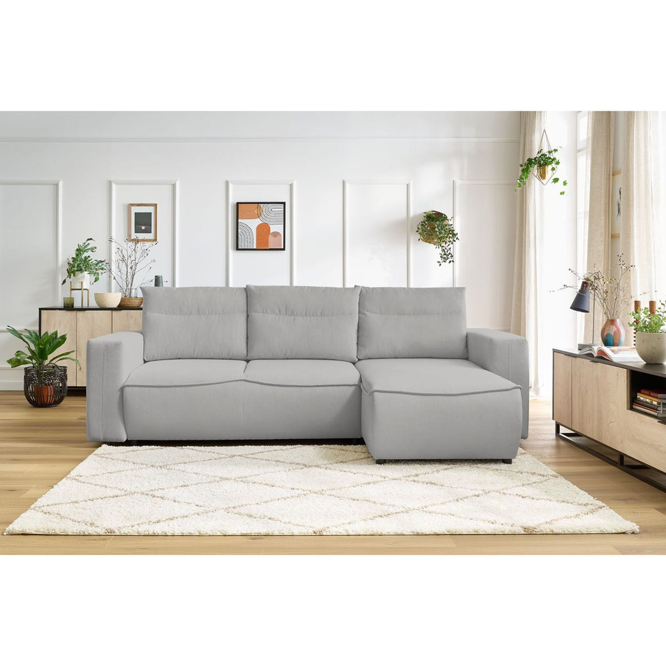 Bobochic Canapé d'angle droit convertible coffre jasmin velours côtelé gris clair - 256x158x90 cm