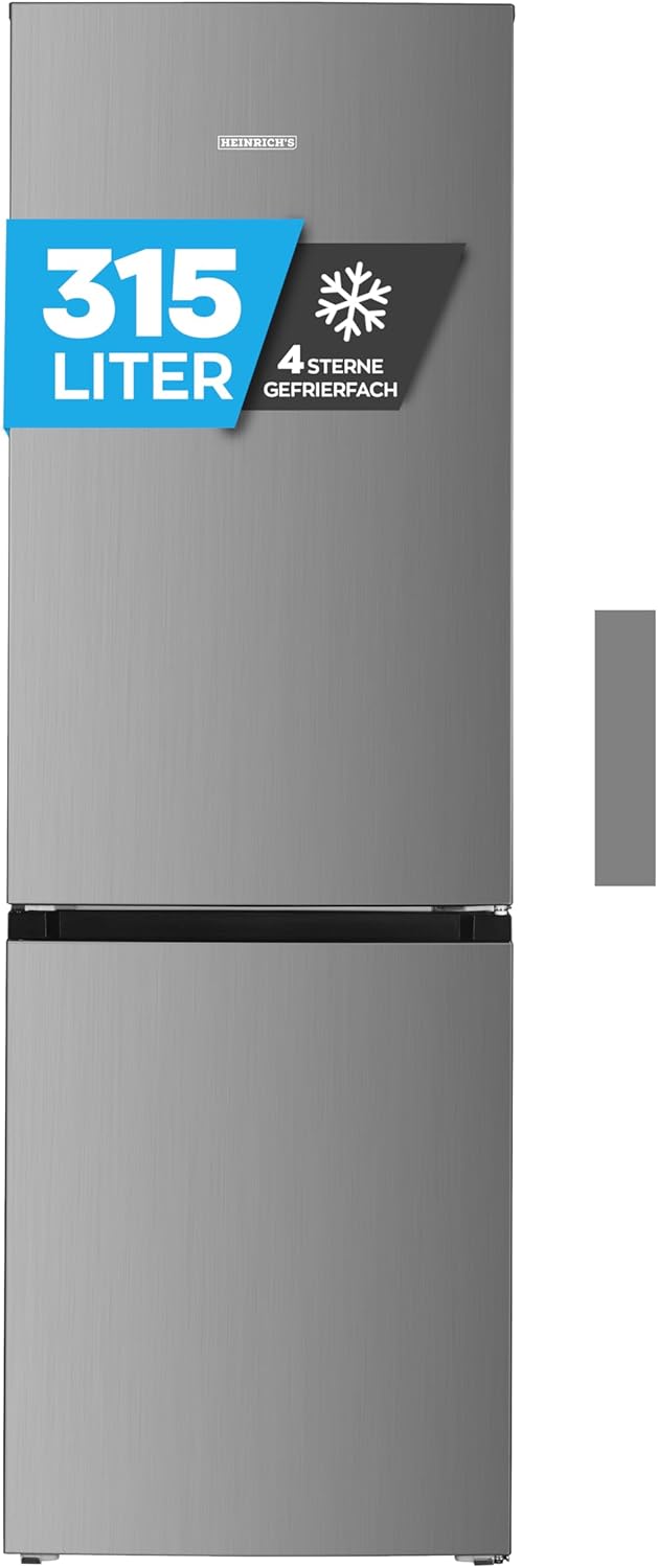 Heinrich´s Kühlgefrierkombination mit 315 L Gesamtvolumen, 219 L Kühlvolumen 96 L Gefriervolumen, LED Beleuchtung, Türanschlag wechselbar, leise 40 dB, große Tiefkühlboxen, 7 Temperaturstufen, Inox