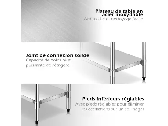 Table de Travail Cuisine en Acier Inoxydable 61 x 92 x 90 cm, Plan de Travail Cuisine avec 2 Étagère, Charge 250 kg, Extérieur/Intérieur pour Cuisine, Restaurant, Jardin, Hôtel
