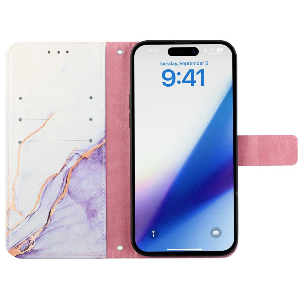 iPhone 15 Leder Tasche mit Kartenfach   Handschlaufe Marble Marmor - Lila / Weiss