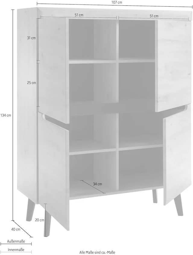 INOSIGN Highboard »Torge, Kommode, Schrank, Sideboard, Anrichte, Mehrzweckschrank« 1 Stk. tlg. abgeschrägte Füsse, drei Farben, Scandi Design, 107 cm breit