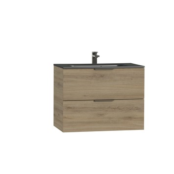 Tiger Studio badkamermeubel 80 cm chalet eiken met wastafel polybeton mat zwart greep rvs plat