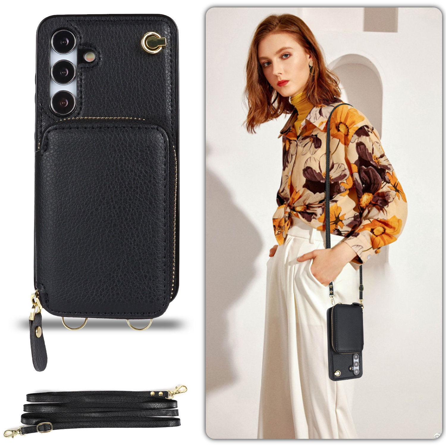 Samsung Galaxy S24  Plus Necklace Leder Schutz Hülle mit Kartenfächer   Handykette (140cm) - Schwarz