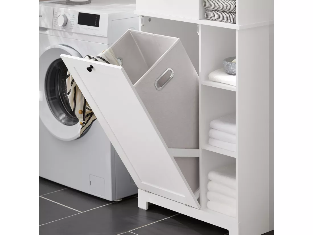 SoBuy BZR104-W Meuble Colonne de Salle de Bain Placard avec 2 Portes et 2 Tiroirs, 6 Étagères et 1 Panier à Linge