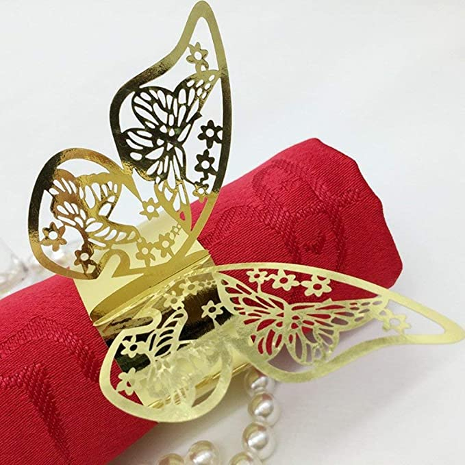 (50er Set) Ø4cm Papier Serviettenring Tischdeko Faltbare Tuchhalterung Schmetterling - Rosa