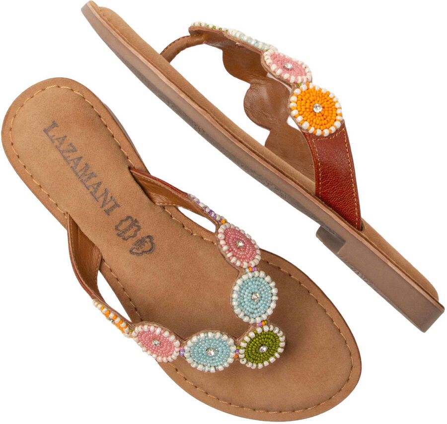Lazamani Loua leren teenslippers met kraaltjes cognac pastel