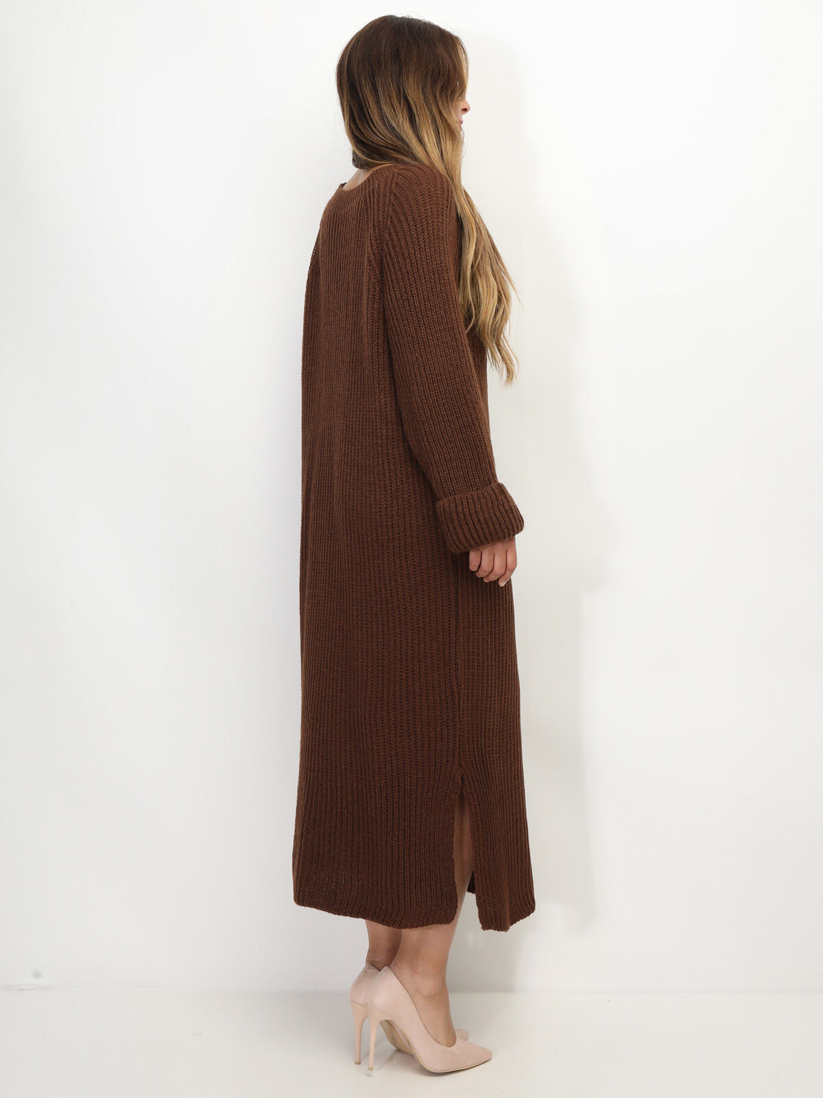 Robe à manches évasées et fentes- Marron