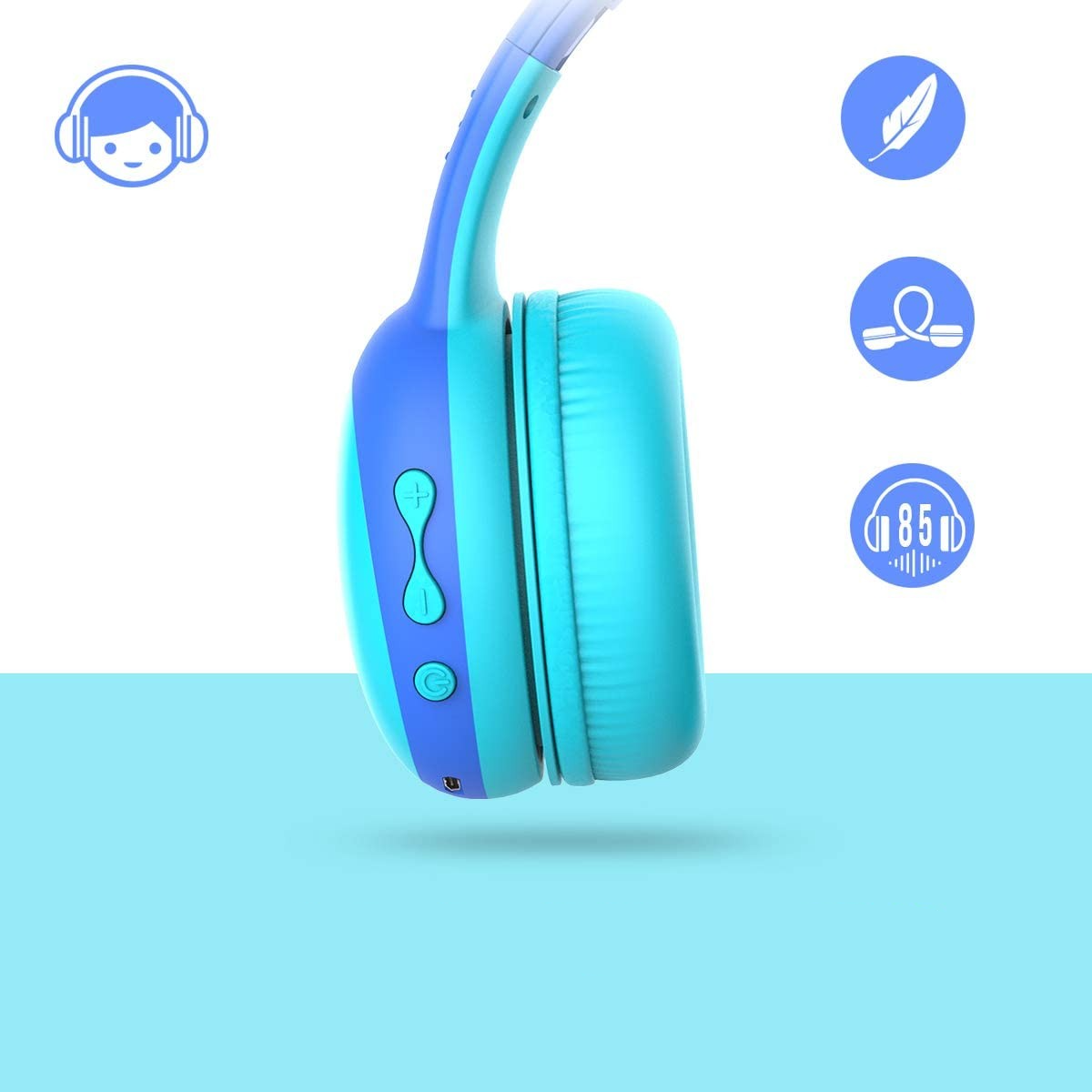 Kinder Kopfhörer 3.5mm Klinke On-Ear 85dB Begrenzte Lautstärke Grössenverstellbar mit Katzenohren - Blau