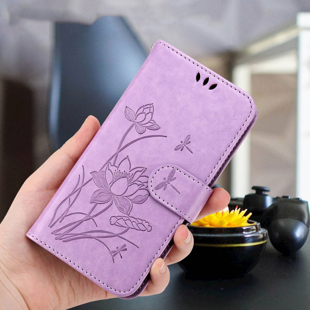 iPhone 13 Pro Leder Tasche Flip Cover Lotus Blumen Imprint - Lila