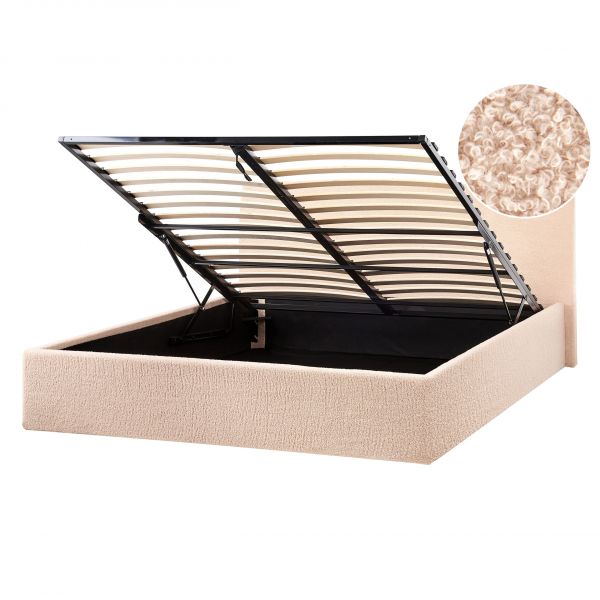 Beliani Cama de Casal Estofada em Tecido Bouclé Creme 140 x 200 cm com Cabeceira Alta