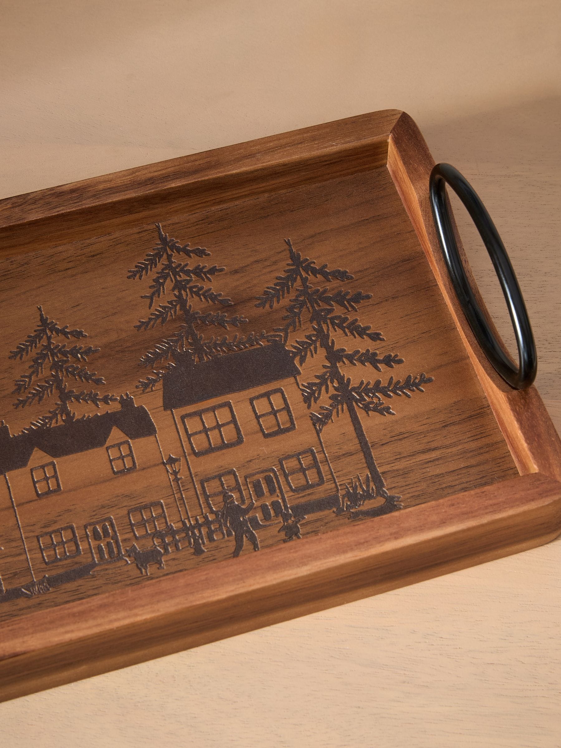 Acacia Wood Etched Winter Scene Decorative Tray