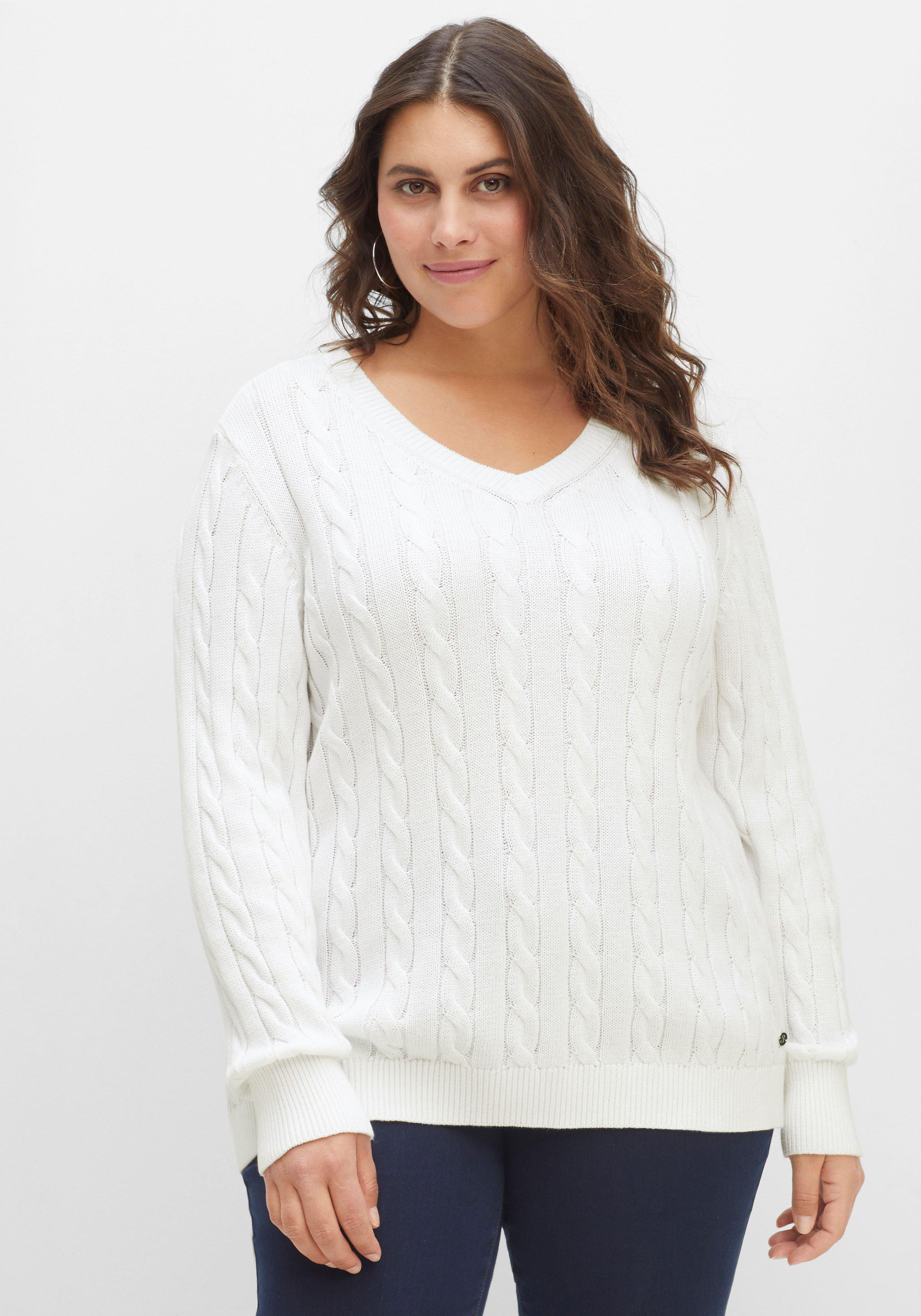 Pullover mit Zopfmuster und V-Ausschnitt