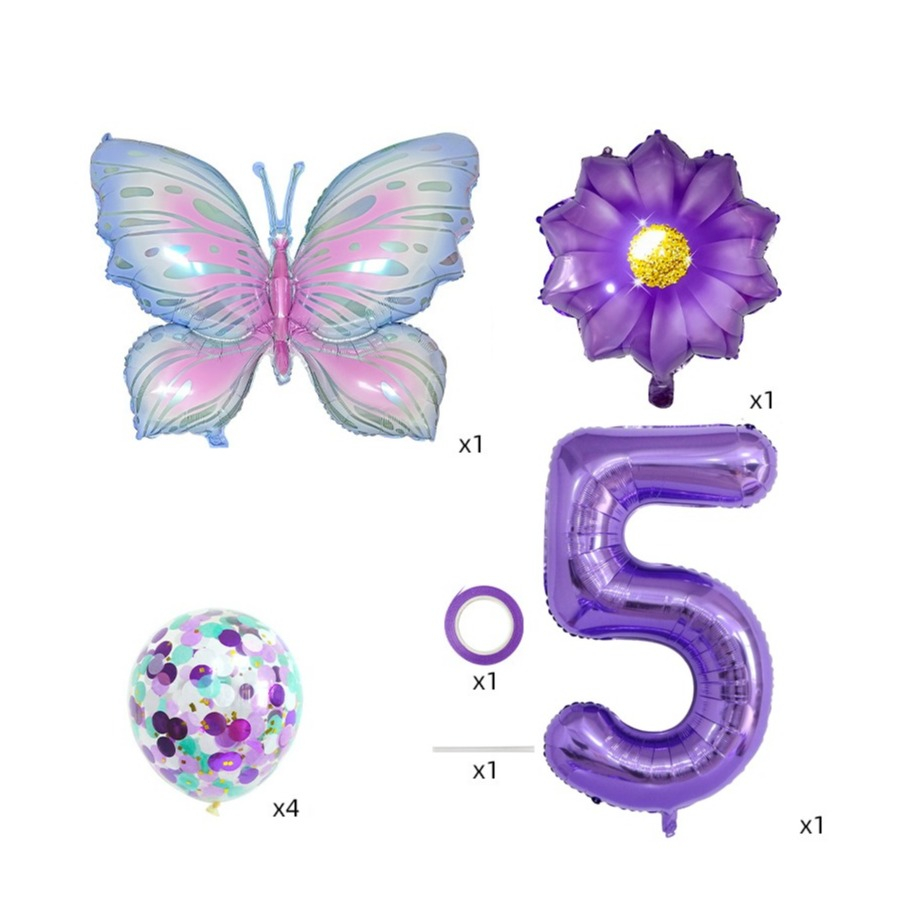 (7-tlg. Set) Zahlen Ballon Kinder Geburtstags Party Folienballon inkl. Latex Luftballons - Zahl 5 / Schmetterling