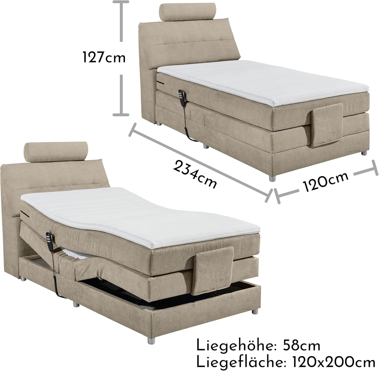 PALERMO 2 Boxspringbett 120x200 elektrisch verstellbar, Sand - Bequemes Einzelbett mit dekorativer Steppung & Komfortschaum Topper - 120 x 127 x 234 cm (B/H/T)