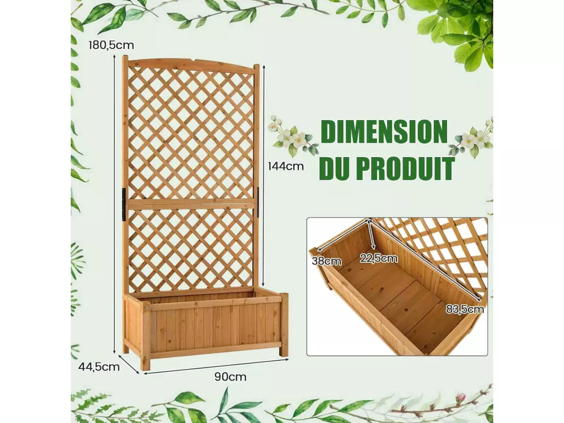 Jardinière avec Treillis en Bois de SaBois avec Trou de Drainage, Bac à Fleurs pour Plante Grimpante Vigne, Lit de Jardin Résistance aux Intempéries, Brun 90 x 44,5 x 180 cm