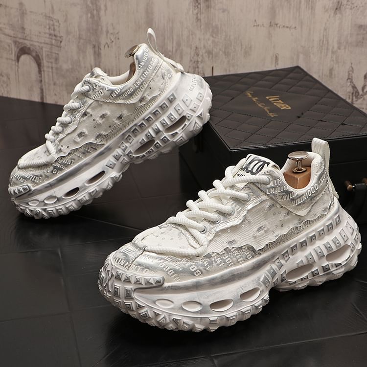 Mr Ozera - Platform Sequin Distressed Lace-Up Sneakers