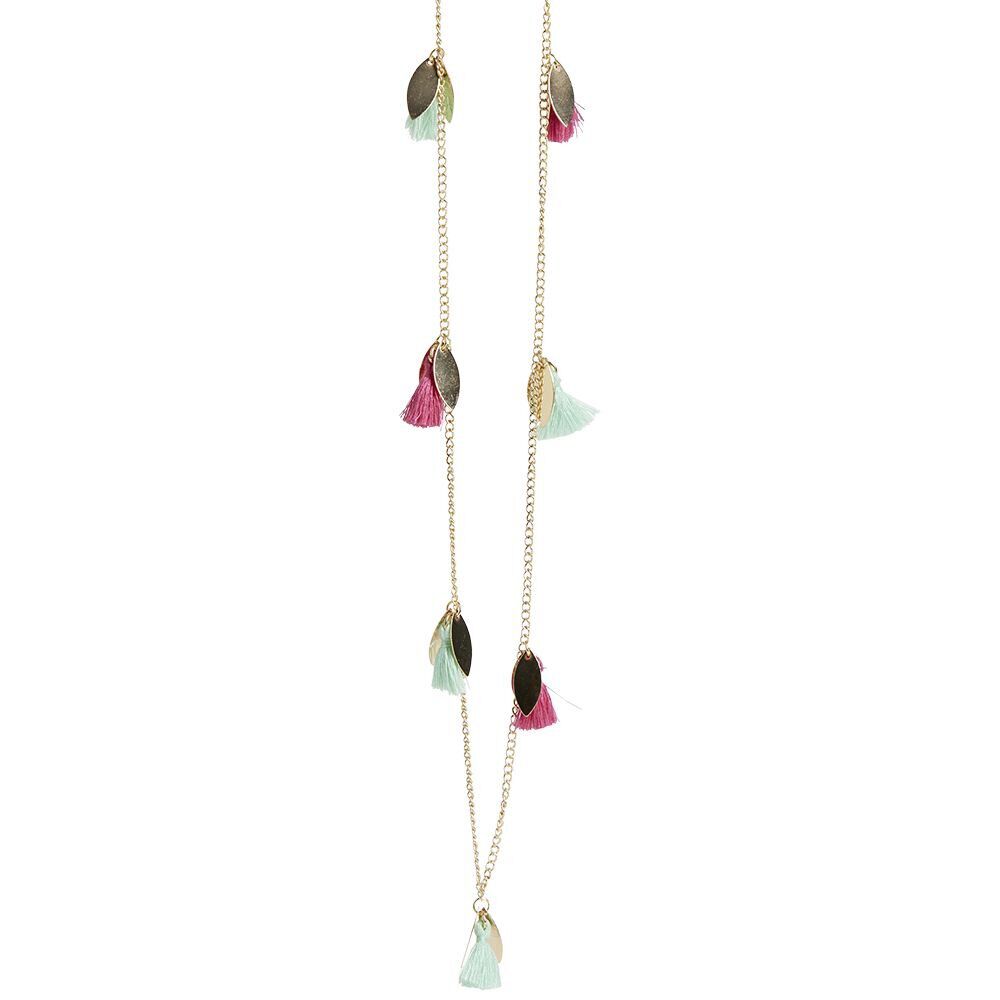 Collier chaîne avec pampilles dorées et pompons bleus et roses