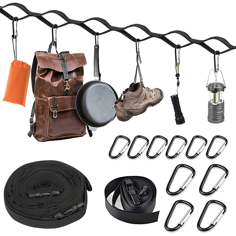 (20-tlg. Set) 670cm Robuste Wäscheleine Outdoor Camping Schnur mit 19 Karabinerhaken - Schwarz