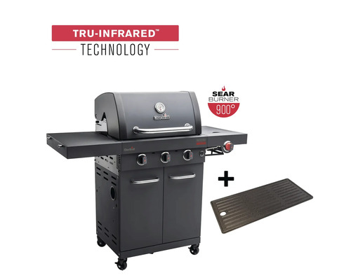 Char-Broil Professional Power Edition gasbarbecue met 3 branders, matzwart, inclusief opbergplank, dekselthermometer, geëmailleerde gietijzeren planchaplaat, vetopvangbak, grillrooster, uitklapbare zijtafel, zijplank, warmhoudrek.