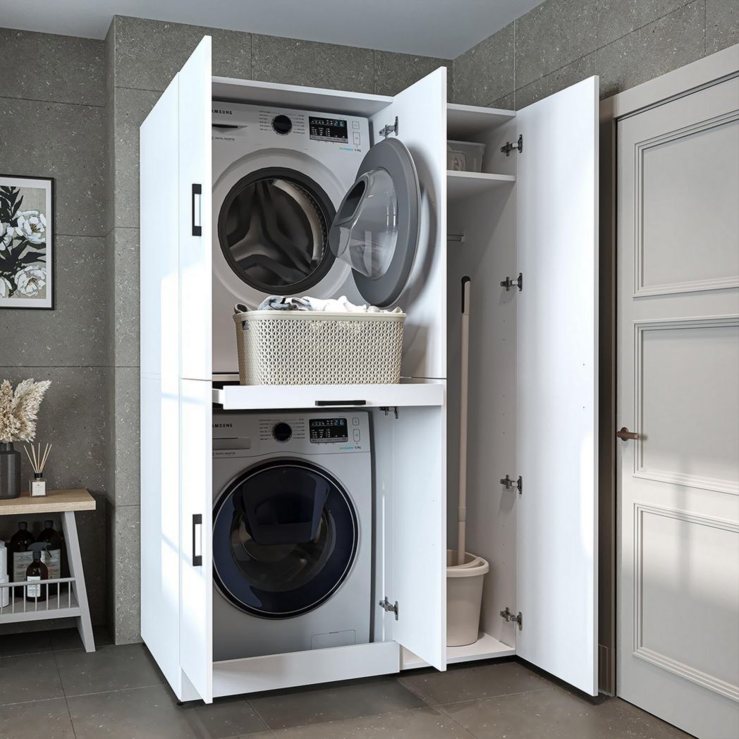 ROOMART Dora - Meuble pour machine à laver - Pour sèche-linge et machine à laver - En 4 couleurs - Avec portes et panneau coulissant - Blanc - Chêne blanc - Chêne anthracite - Chêne blanc (chêne blanc)