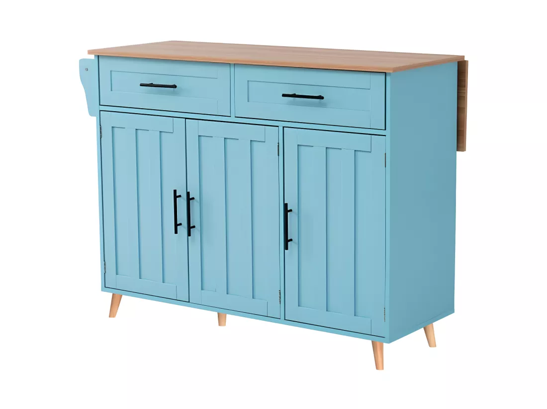 Chariot de buffet 129*76*91,5 cm avec plateau pliable, blanc + bleu