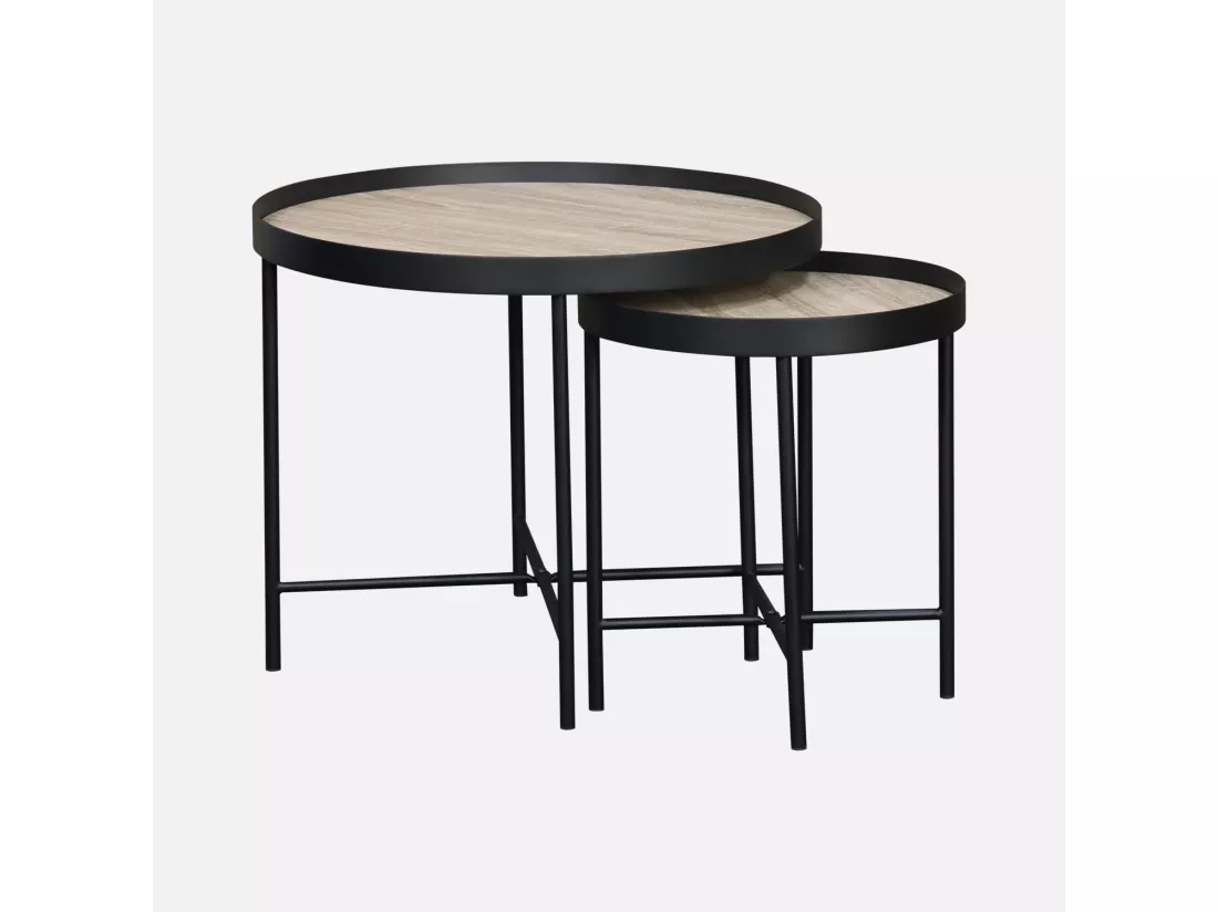 Set de 2 tables gigognes rondes pratiques en MDF effet bois de chêne avec pieds noirs