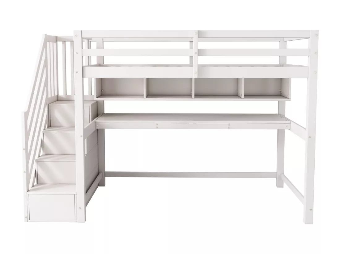 Lit mezzanine en bois - 90x200cm - avec escalier de rangement + bureau + sommier à lattes - Blanc