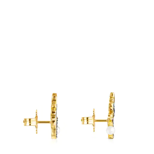 Brincos alpinistas banhados a ouro 18k sobre prata, diamantes e pérola Nocturne.