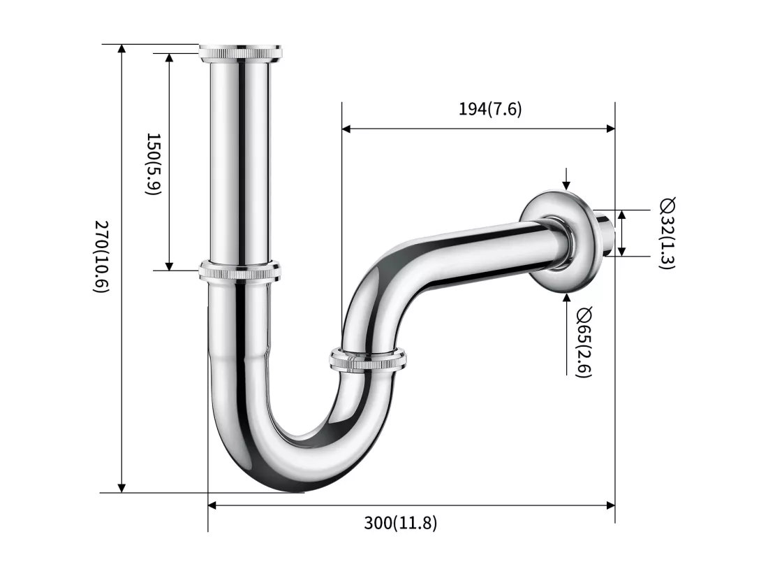 AuraLum Max Siphon de Lavabo Forme U Tube de Siphon en Acier Inoxydable Chromé Anti-odeurs Siphon Ø32 mm Accessoire de Salle de Bain,EU Modèle