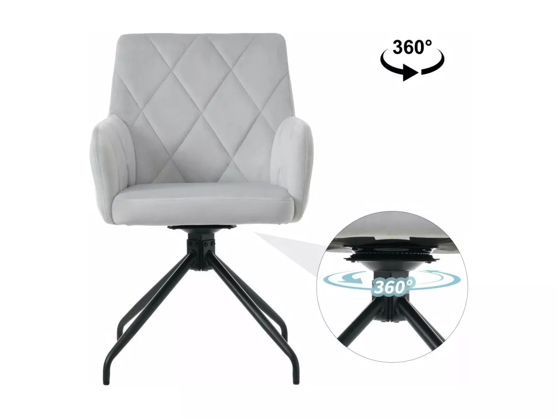 Lot de 4 chaises pivotantes en velours, motif de diamant, avec accoudoirs, support lombaire, 60x45x85cm, Gris