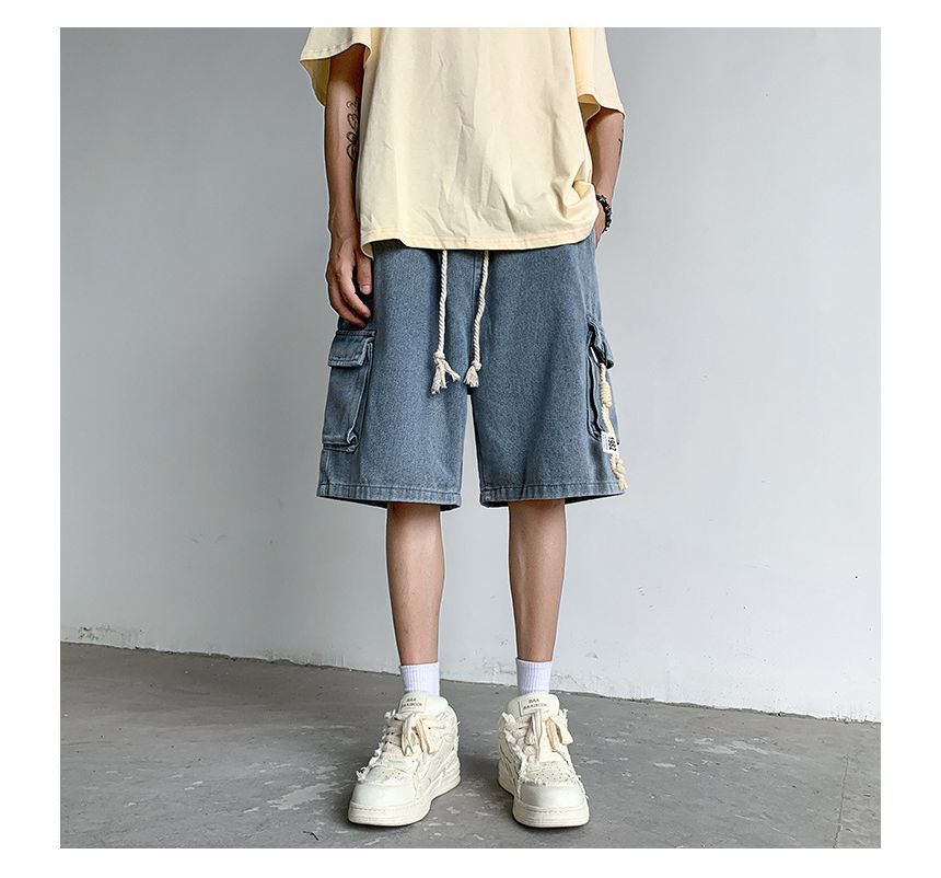 Femilina - Mid Rise Washed Denim Cargo Shorts