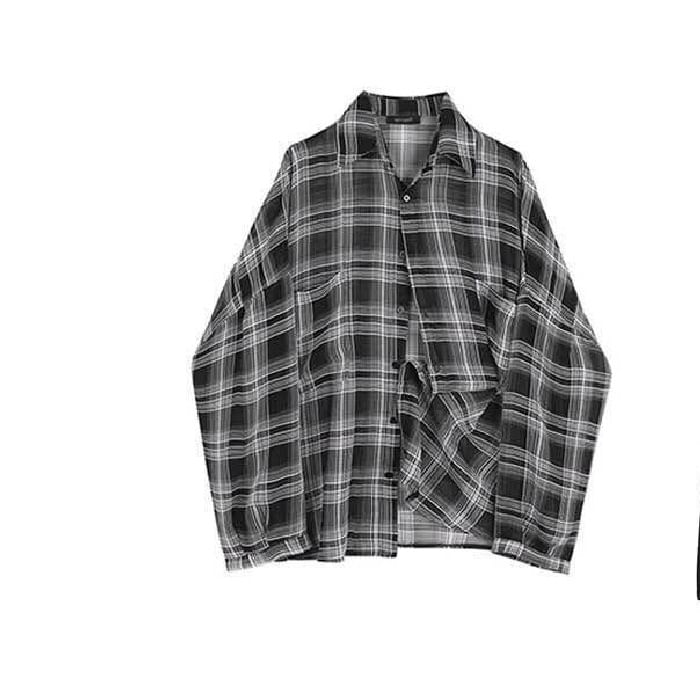 Inchioh - Spaghettibandjes effen mini-jurk met split / geruit overhemd met knoopjes