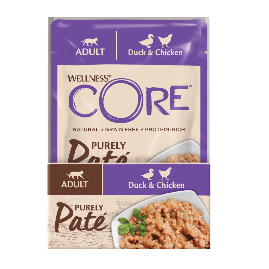 Sachê de 85g de patê de pato e frango Wellness Core Adult para gatos.