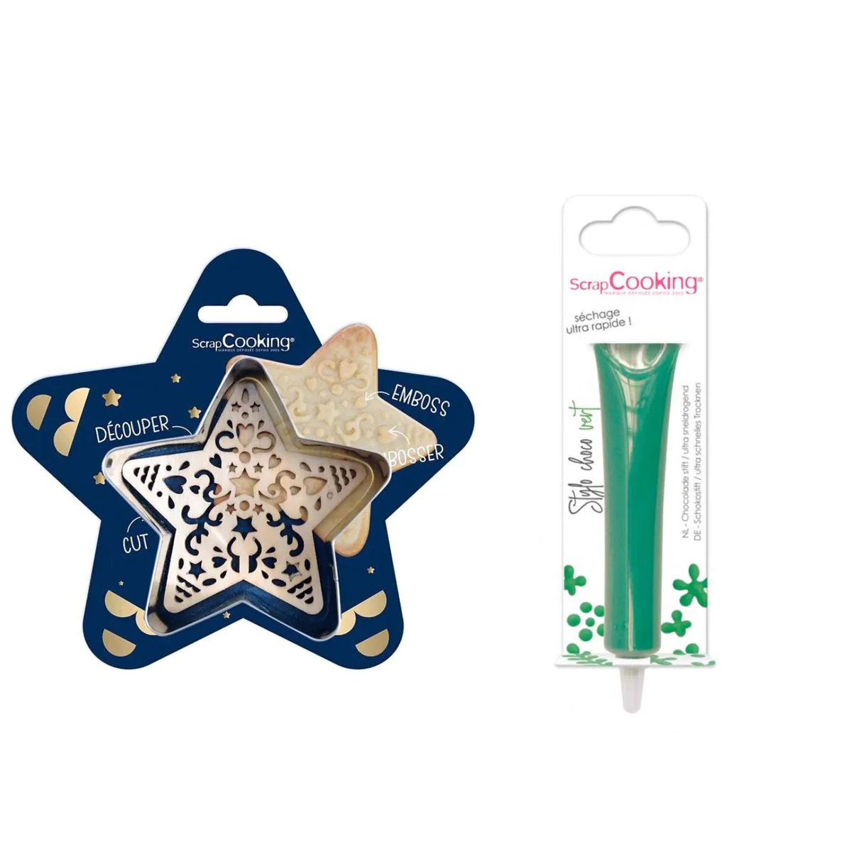 Kit pour biscuit en relief Étoile + Stylo au chocolat vert Scrapcookin